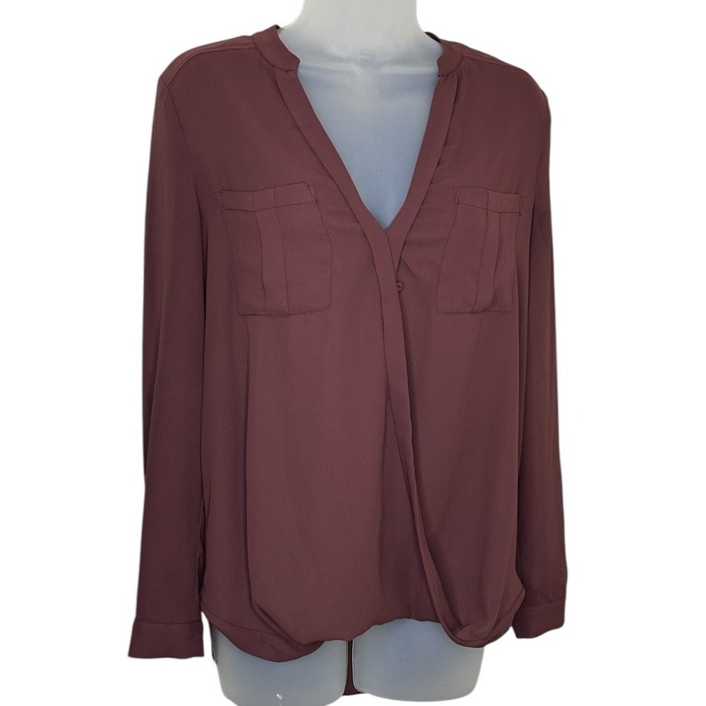 Anthropologie Maeve Womens Top XS Cross-Over Long Sleeve Pockets Maroon Office